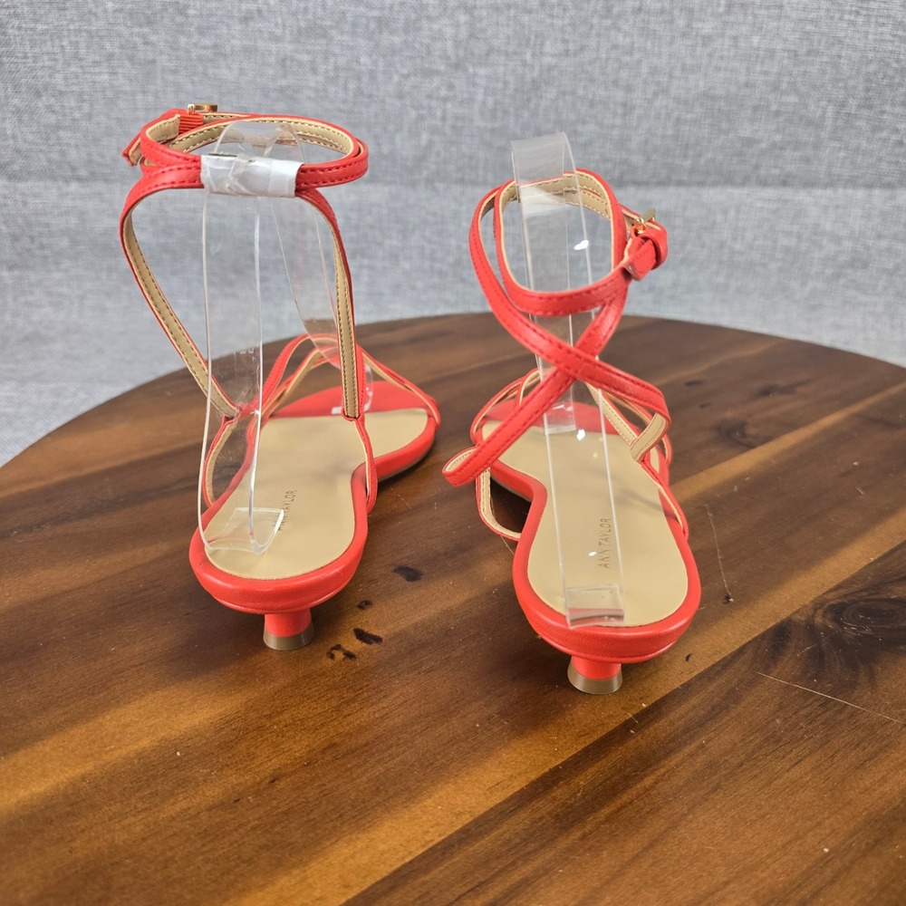 Ann Taylor Womens Coral Red Leather Strappy Ankle Strap Kitten Heel Sandals 6M - Picture 11 of 13